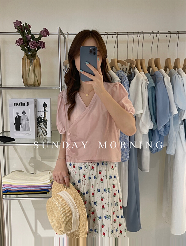 [Sunday morning] versatile side breasted V-neck blouse 9123# zjy
