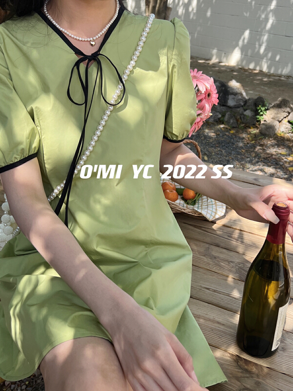 [O MI] Vintage contrast lace up V-neck dress ys-7309# HBx