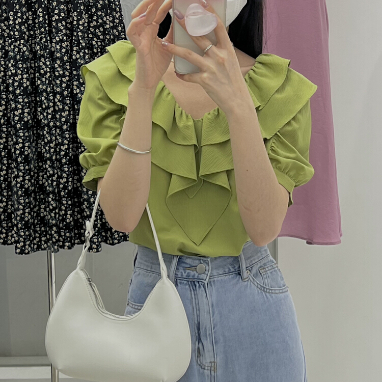 [alive] Korean style back lace up lotus leaf collar shirt 13192# lwy
