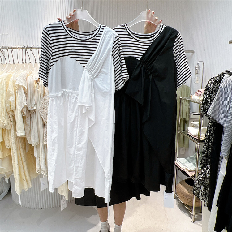 [her tell] Korean version of Western stripe stitching dress 5275# XYJ