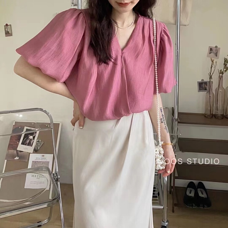[Fuyue] simple temperament V-neck shirt 22073# HBx