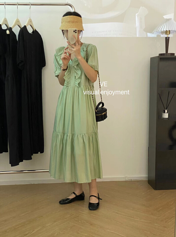 [ve] gentle temperament V-neck fungus edge dress 99007# HBx