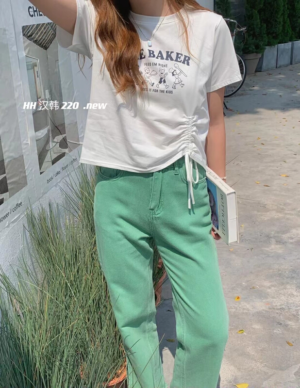 New in early summer! [HH] Korean print versatile drawstring slim short sleeve T-shirt 220# L