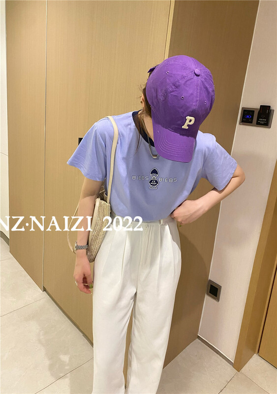 [Naizi] colorful border letters versatile short sleeve T-shirt 8076# ozq