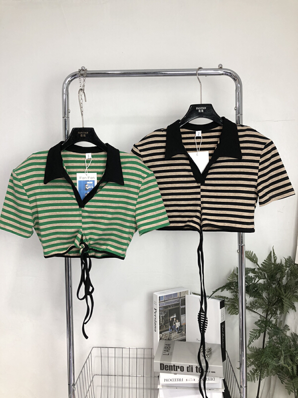 [fan fan fan] fashion Lapel color matching drawstring stripe blouse 5817# JJ