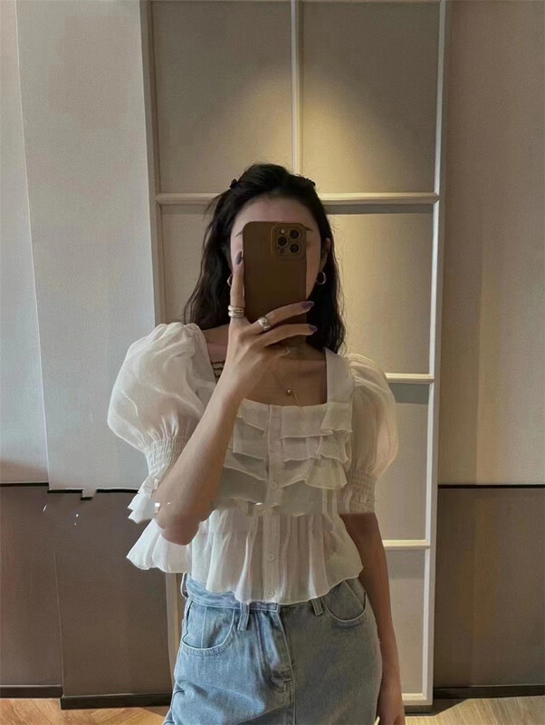 New in early summer! [Yan Zhen] Korean style square neck Ruffle shirt 25559# PCZ