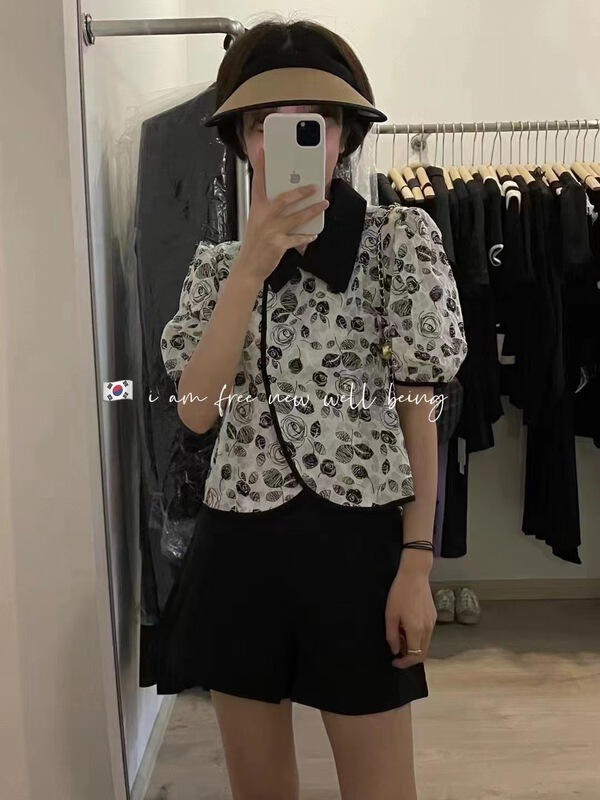 [free studio] Korean rose printed short shirt 2232# hjy