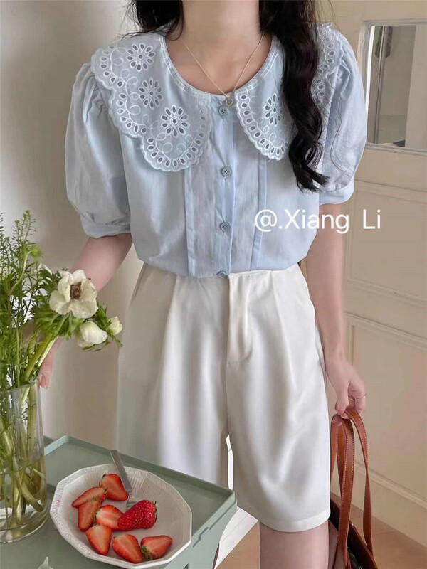 New in early summer! [Xiangli] Korean version hollow out baby collar sweet little shirt 6002# PCZ