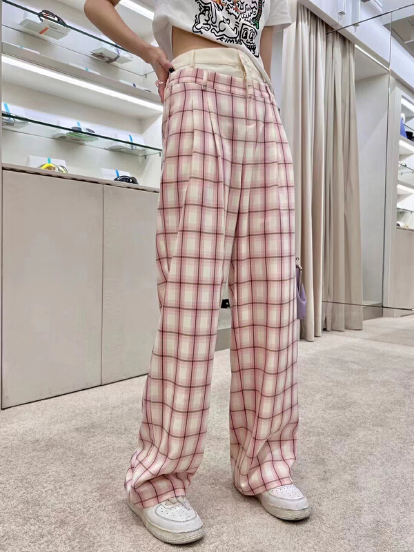 [Nancy] niche Plaid contrast double waist casual pants t16\wpl
