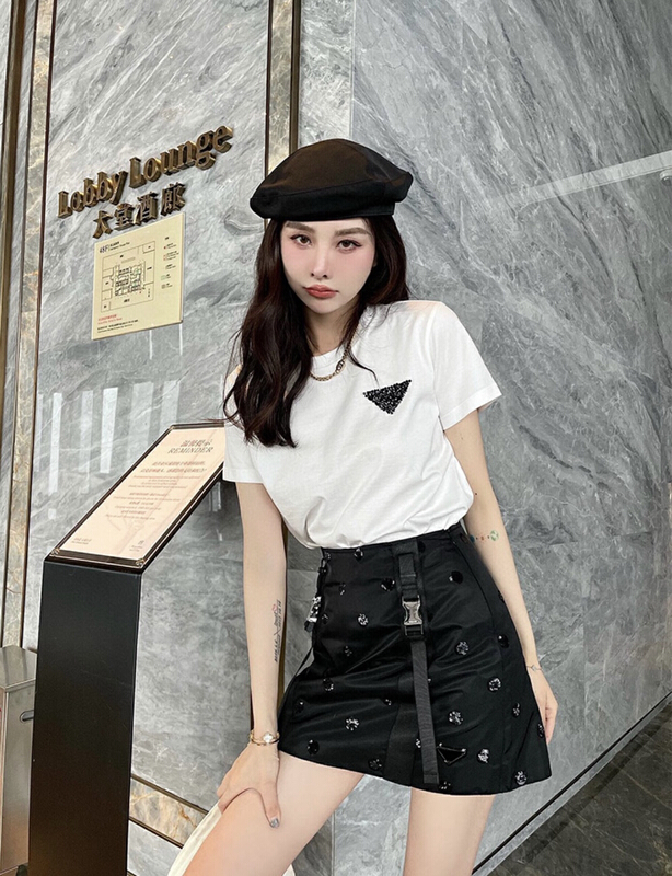 [Nancy] heavy industry nail bead versatile fashion short sleeve T-shirt t8# WPL