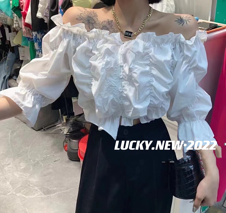 [lucky] button design one shoulder pleated blouse 8726# zxx