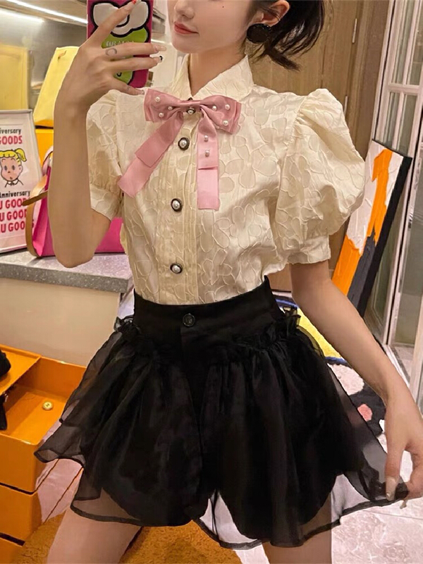 New in early summer! [Xinran] sweet wind jacquard bubble sleeve blouse (with bow) 0210# PCZ