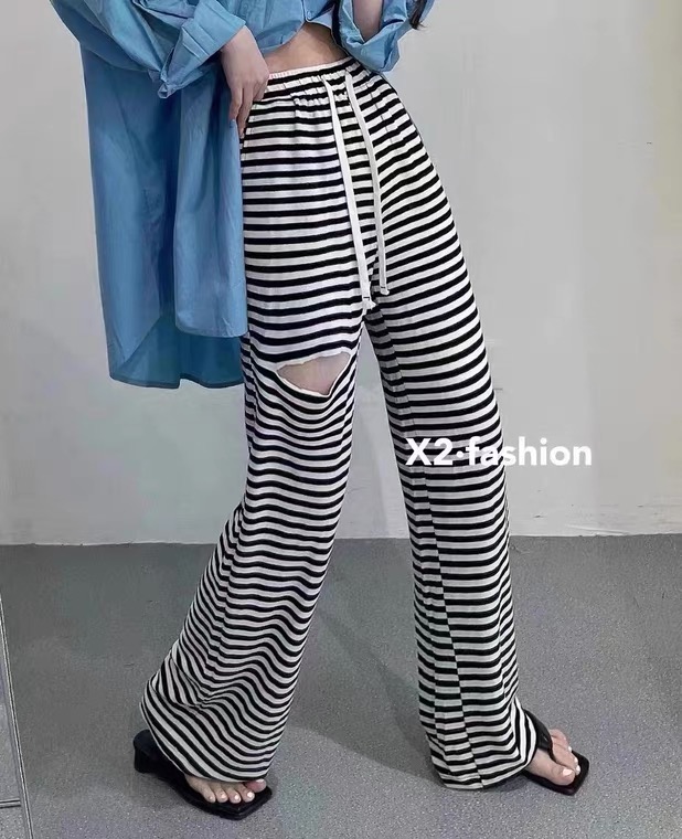 [. MS No. 2] personalized striped perforated casual pants 2243# LSW
