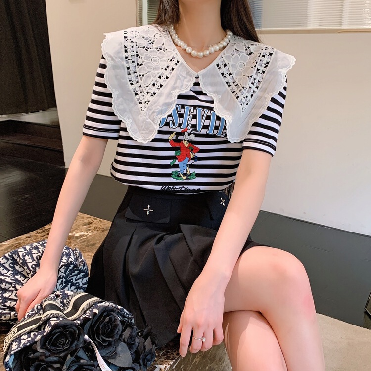 [shuilifang] stripe splicing Pullover short sleeve T-shirt 9115# LSL