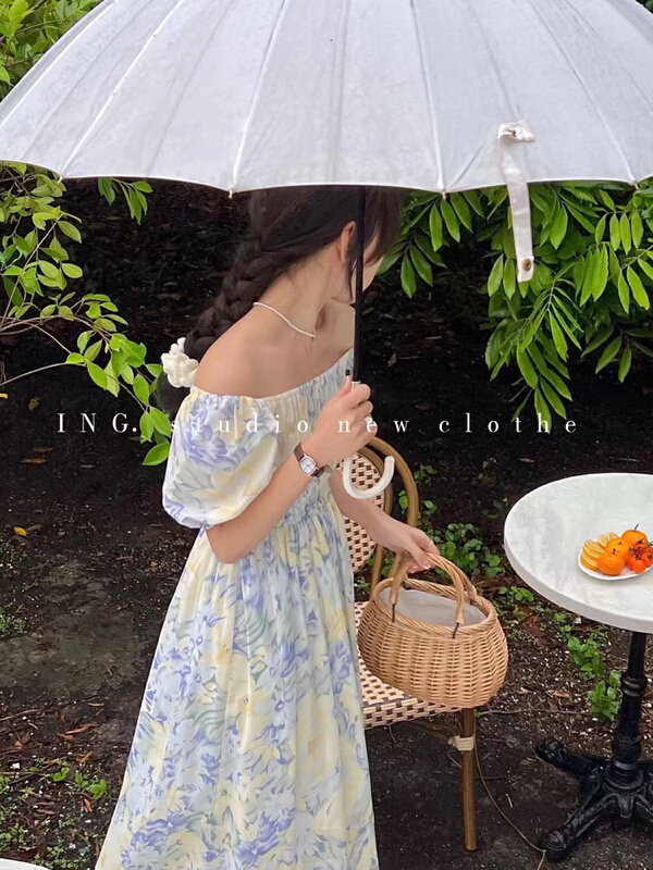 [ing] sweet aging one line shoulder slim floral dress ing-7771# HBx