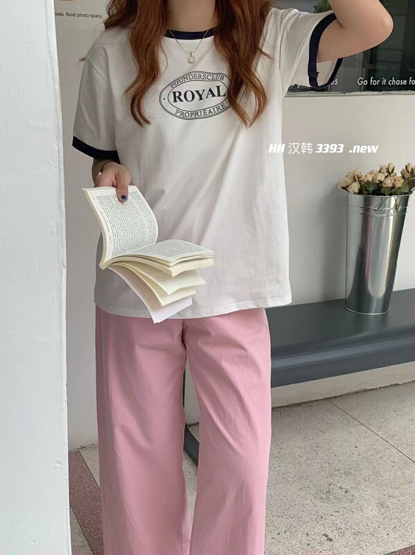 [HH] Korean round neck simple letter color blocking short sleeve T-shirt 3393# L