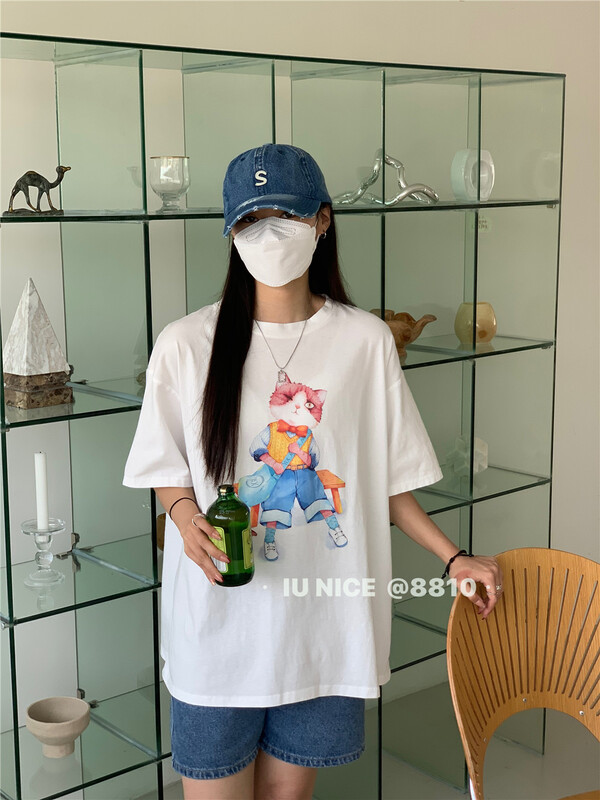 [IU nice] Korean pattern loose print short sleeve T-shirt 8810# ll