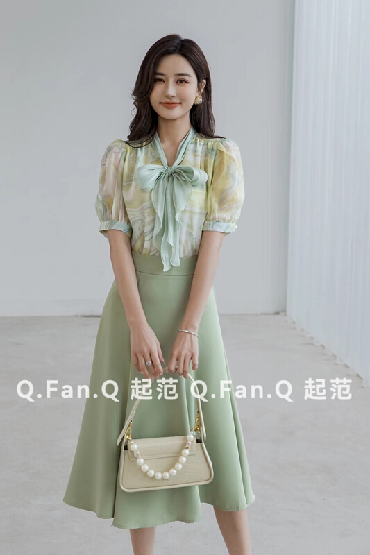 New in early summer! [style] elegant retro ink print ribbon shirt 8067# JJ