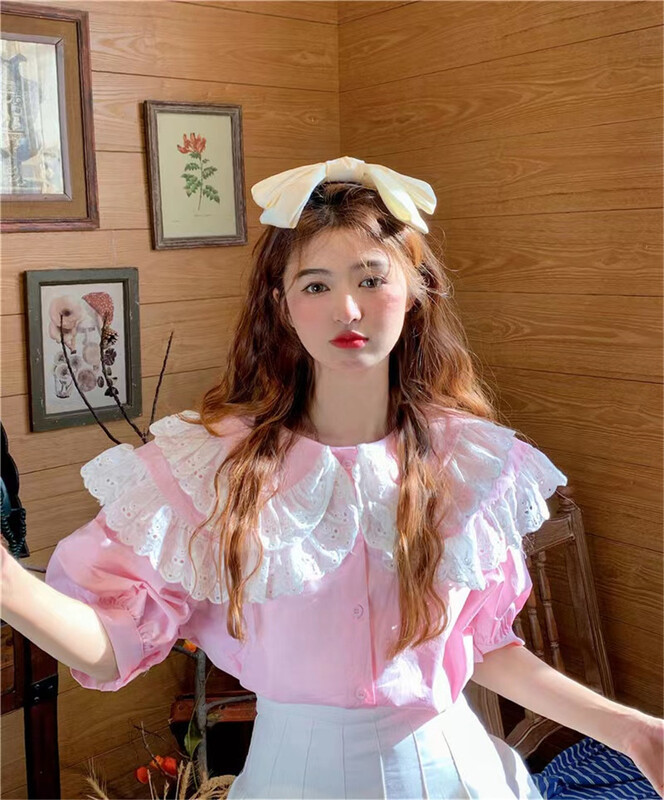 [timely rain] gentle lady doll collar single breasted blouse (only selling blouses) 00455# WPL