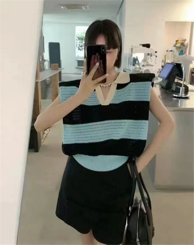 [s'seven] Korean striped versatile Polo vest / sling 2991# XYJ