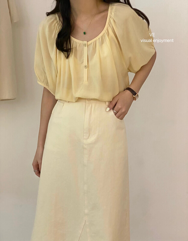 New in early summer! [ve] U-neck open button versatile blouse 67619# HBx