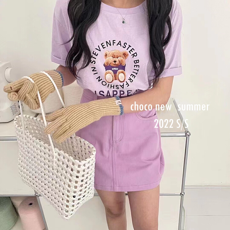 New in early summer! [choco] Pullover bear letter printed short sleeve T-shirt 8204# HBx