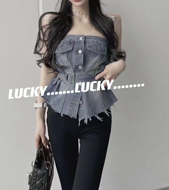 New in early summer! [lucky] waist lace up denim sexy one shoulder Strapless vest / sling 8642# zxx