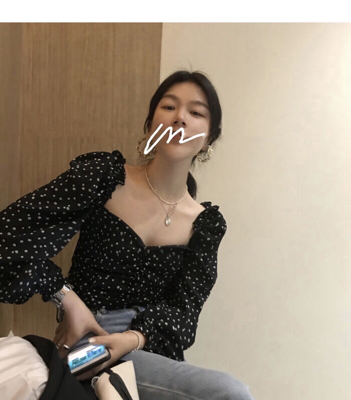 [X.C] chic temperament square neck bubble sleeve floral blouse 6188# YYW
