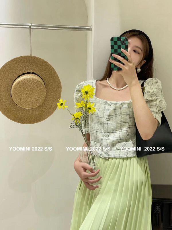 New in early summer! [yoomini] French square neck plaid shirt x16707-m# WPL