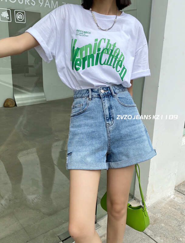 [zvzo] Korean personalized label cuffed denim shorts kz1109# CLS
