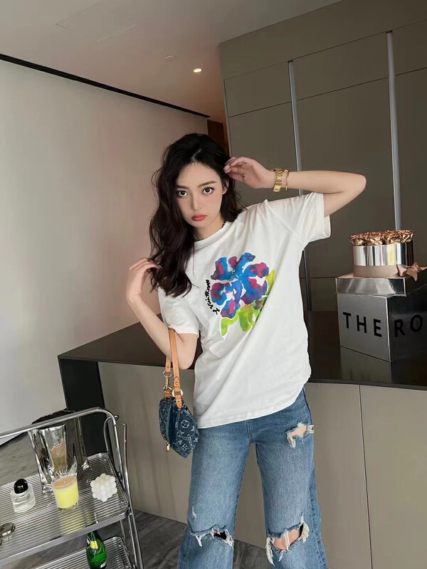 [Nancy] ink flower tee versatile short sleeve T-shirt t13# WPL
