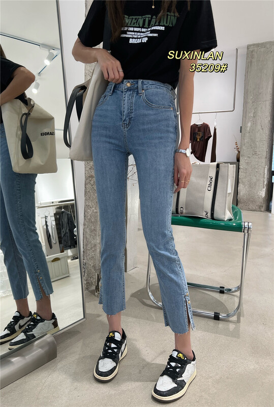 goods in stock! Summer new! [plain blue] split straight fashion jeans 35209 blue-35209-1 black # LSL