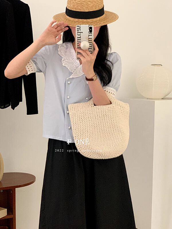 [f one] cute sweet lace stitched double breasted shirt 66079# WPL