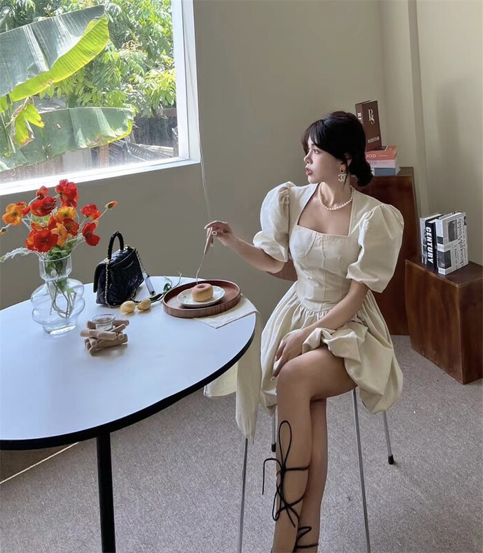 [ala] little women's square neck bubble sleeve dress ys1-2629# JJ