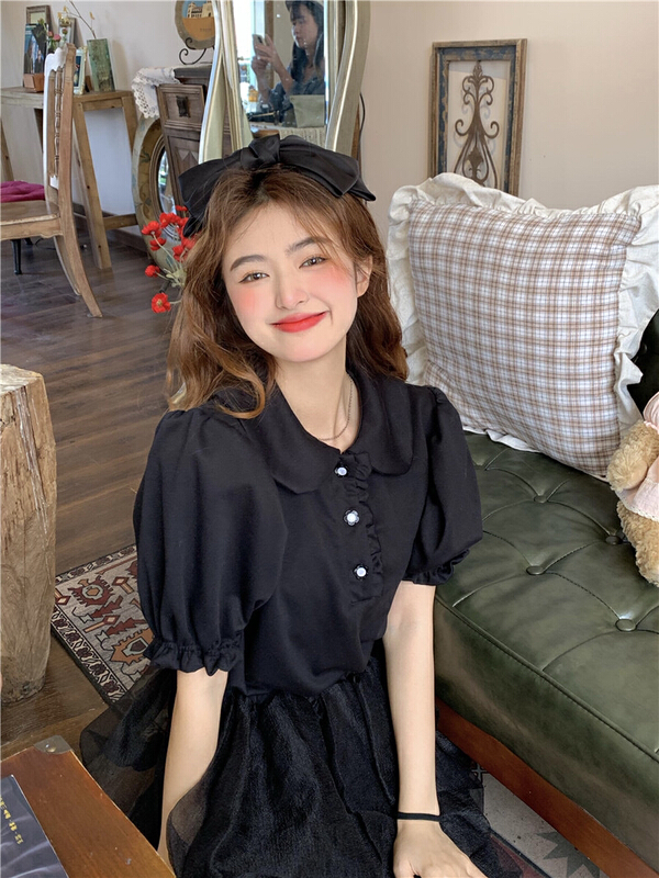 [timely rain] Han Feng ins French retro design baby collar short sleeve T-shirt (T-shirt only) ys1-72928\wpl