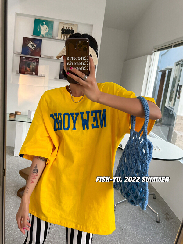 [fish Yu] simple letter embroidery candy color short sleeve T-shirt 22162# LSL