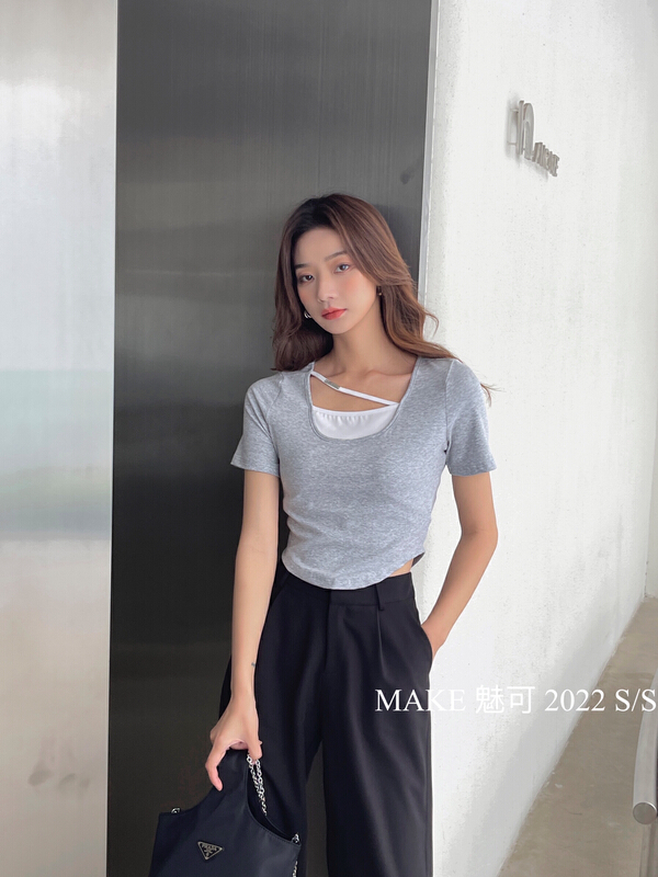 New year in early spring! [make Meike] slash irregular arc short sleeve T-shirt 8438# XJ