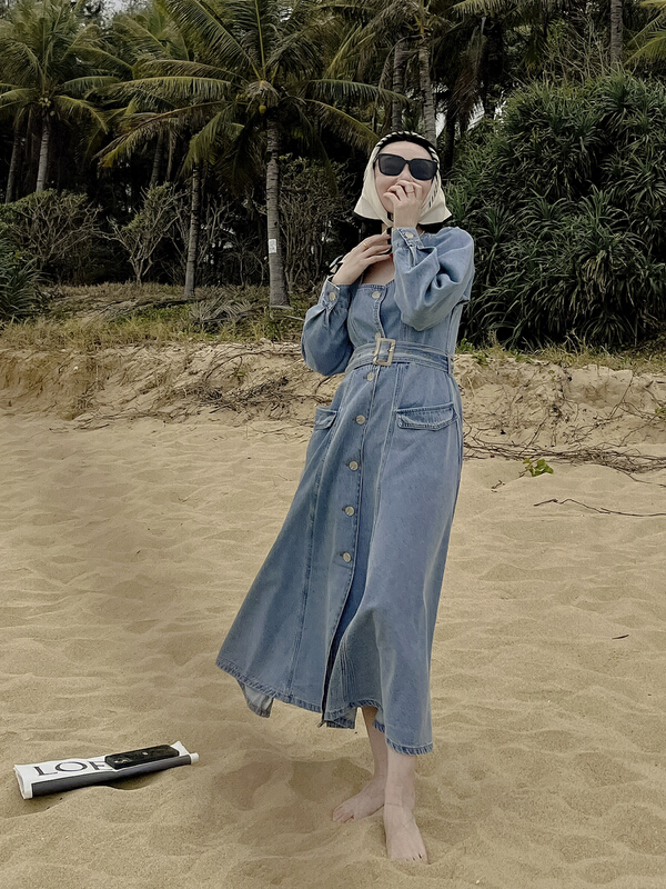 New year in early spring! [cotton candy] Vintage square neck western style denim dress (with belt) 22s189# XJ