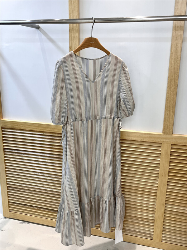 [xhm] V-neck vertical stripe bubble sleeve dress 2053# zjy