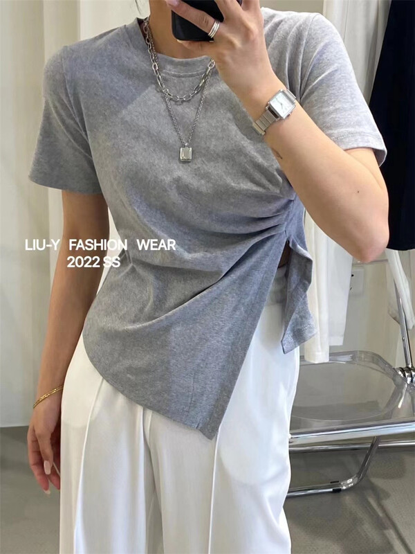 goods in stock! [Liu. Y] round neck clean irregular short sleeve T-shirt 5118# L