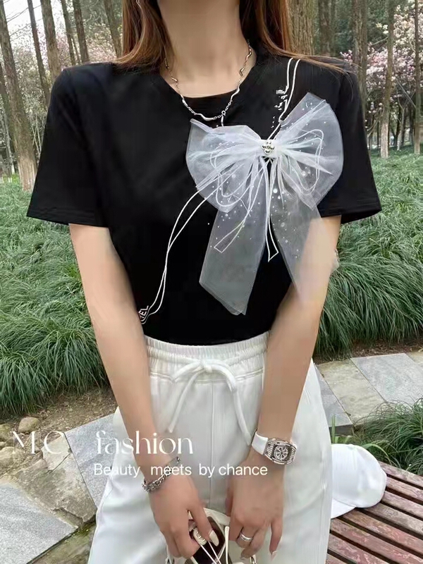 New in early summer! [Irene] bow design sweet short sleeve T-shirt (with detachable bow) 2206# WTT