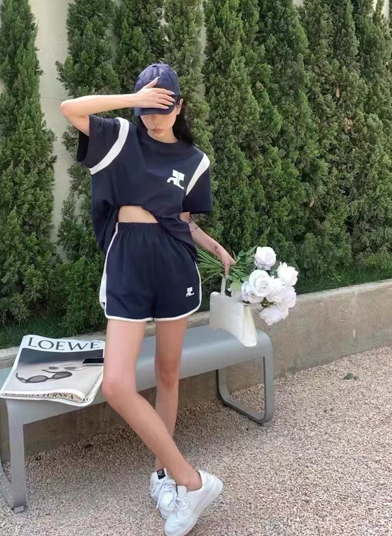 [c.h.z] color blocking printing loose and thin top + round hem color blocking Shorts Set 90913# WTT