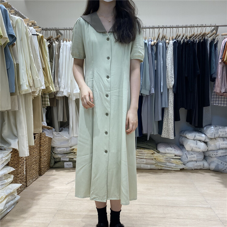 New in early summer! [I snow] temperament lady doll collar single breasted long dress 212237# WPL