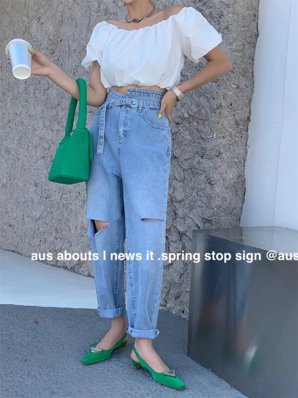 [aus] Vintage skinny jeans with holes (with waist rope) 6823-1# LSW