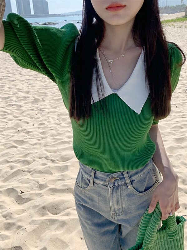 New in early summer! [timely rain] Korean style ins temperament contrast color doll collar shows thin loose bubble sleeve T-shirt 64254# WPL