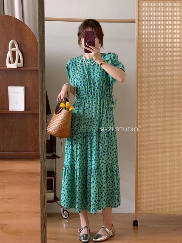 [m.zi studio] round neck floral bubble sleeve dress 6905# HBx