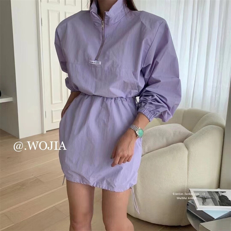 [Wo +] half zipper design, lower hem drawstring sweater + elastic waist skirt suit 22015# zxx