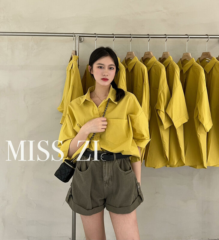 [miss Zi] Korean version solid color single pocket loose shirt 2375# cqw