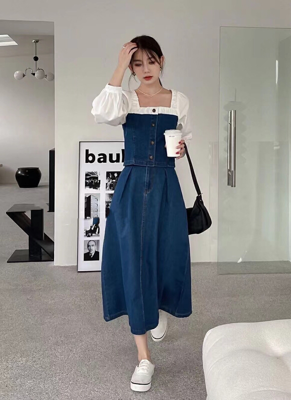 goods in stock! goods in stock! [JH] net red splicing color contrast Top + wash jeans skirt suit (only suit) 40800# hjy