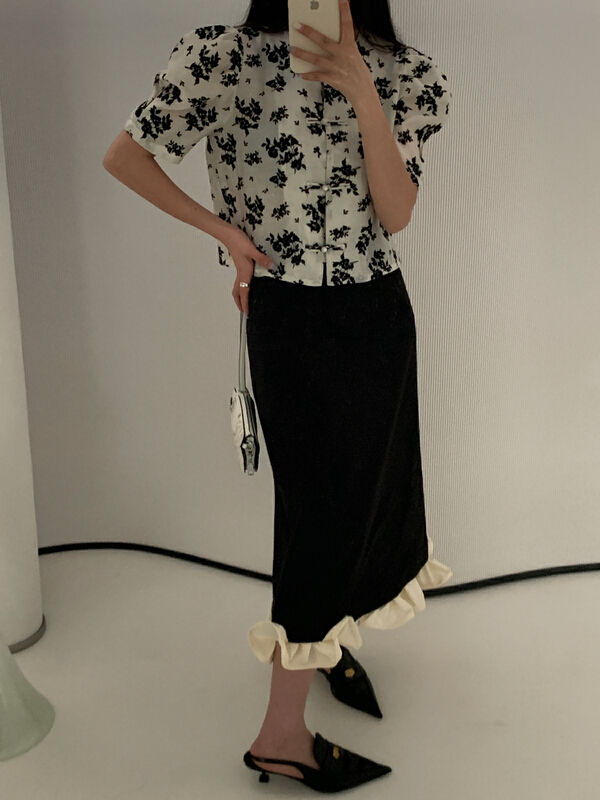 [new open] advanced color contrast Ruffle pleated stitching design, A-line skirt gq22722# zxl